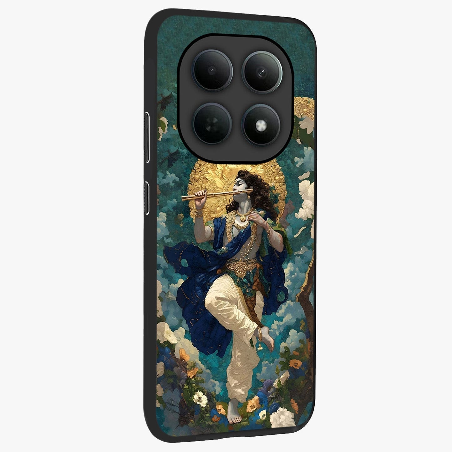 Divine Krishna Art Glass Case upright view showcasing divine Krishna artwork with sacred artistic theme.