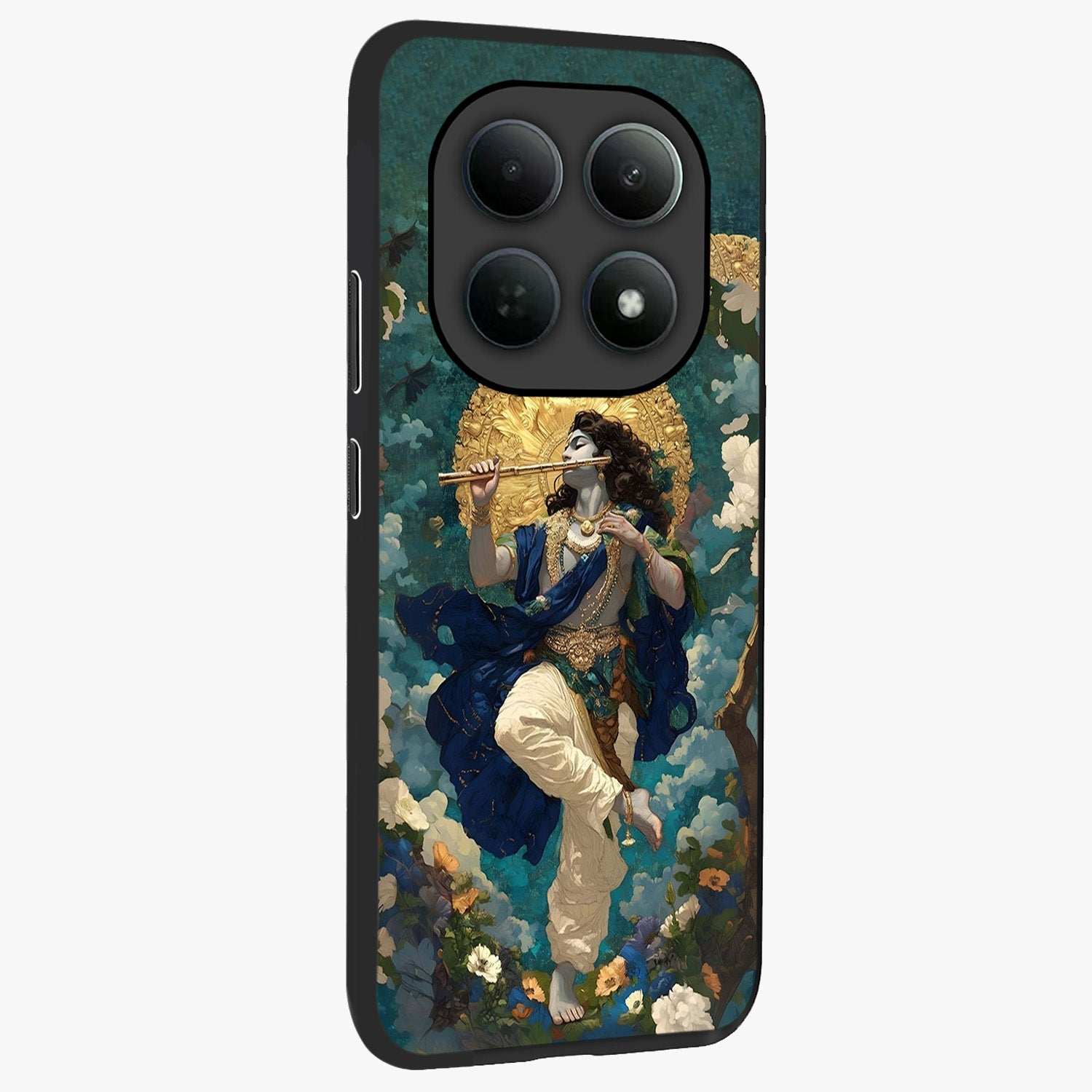 Divine Krishna Art Glass Case upright view showcasing divine Krishna artwork with sacred artistic theme.