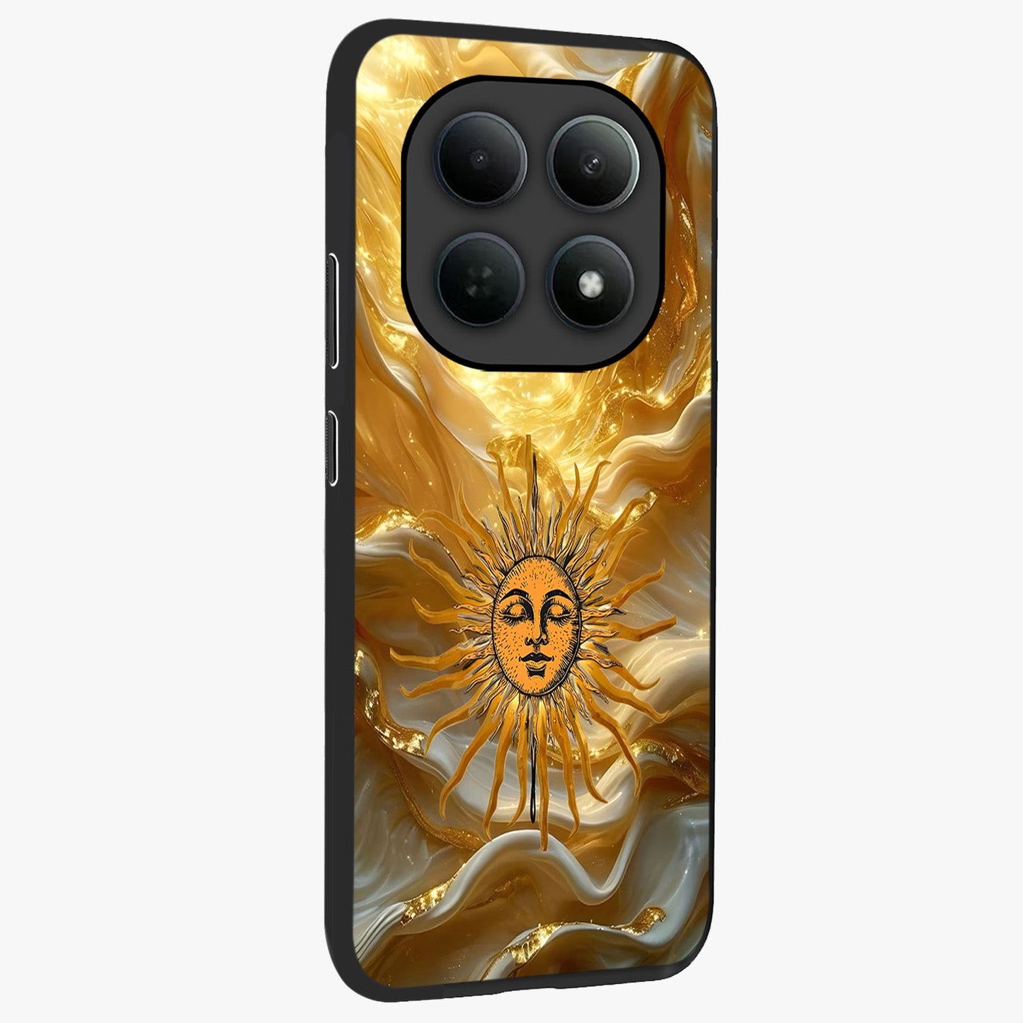Eternal Golden Glow Glass Case upright view showcasing luminous golden artwork with luxurious visual theme.