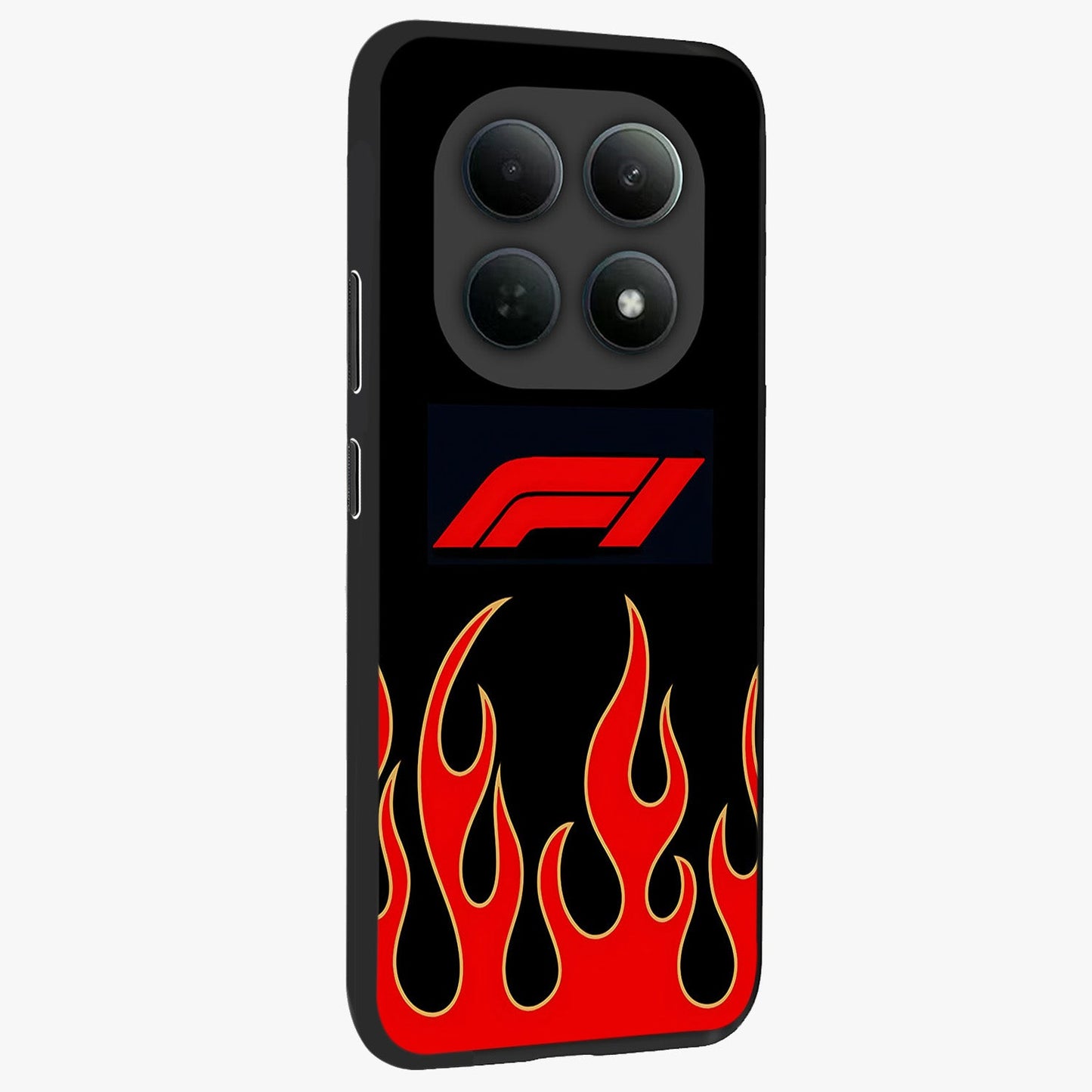 Fire F11 Glass Case upright view showcasing dynamic flame artwork with intense visual theme.