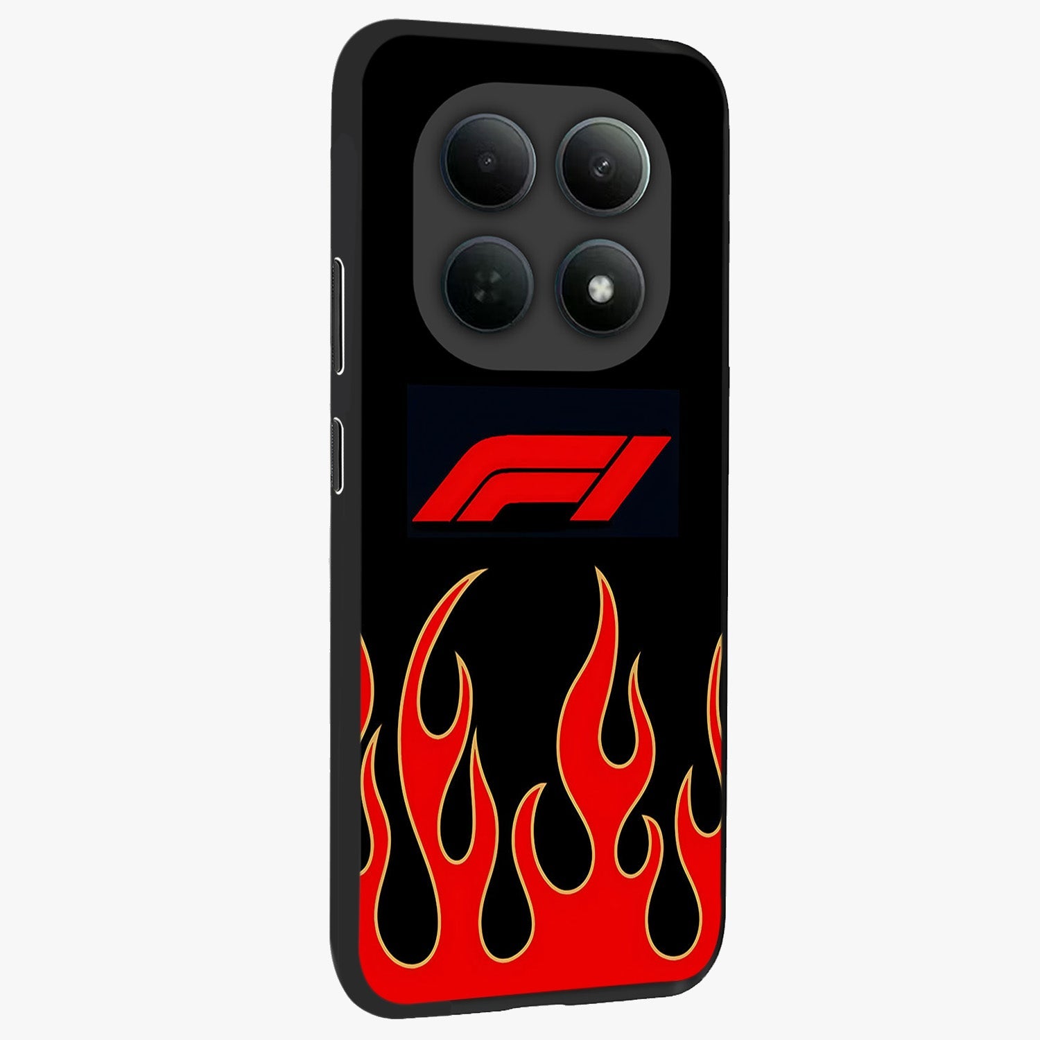 Fire F11 Glass Case upright view showcasing dynamic flame artwork with intense visual theme.