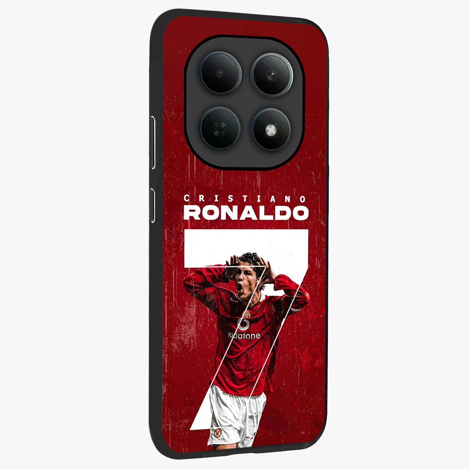 Goal Celebration Legacy Glass Case upright view showcasing dynamic football inspired artwork with victory celebration aesthetic.