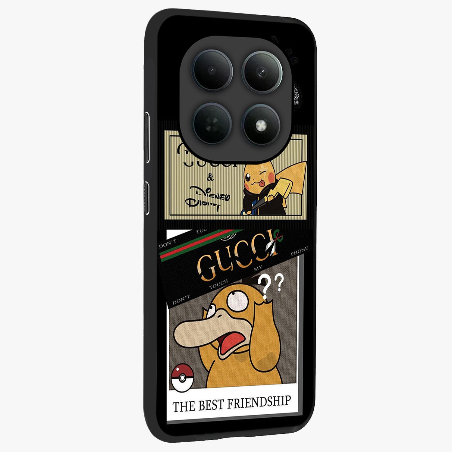 Gucci Play Mashup Glass Case upright view showcasing trendy luxury inspired artwork with modern fashion theme.