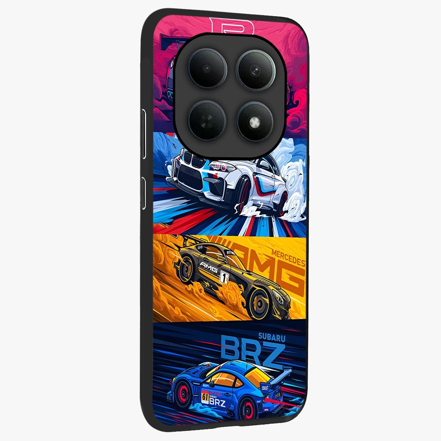 JDM Sports Car Glass Case upright view showcasing dynamic sports car artwork with bold racing theme.
