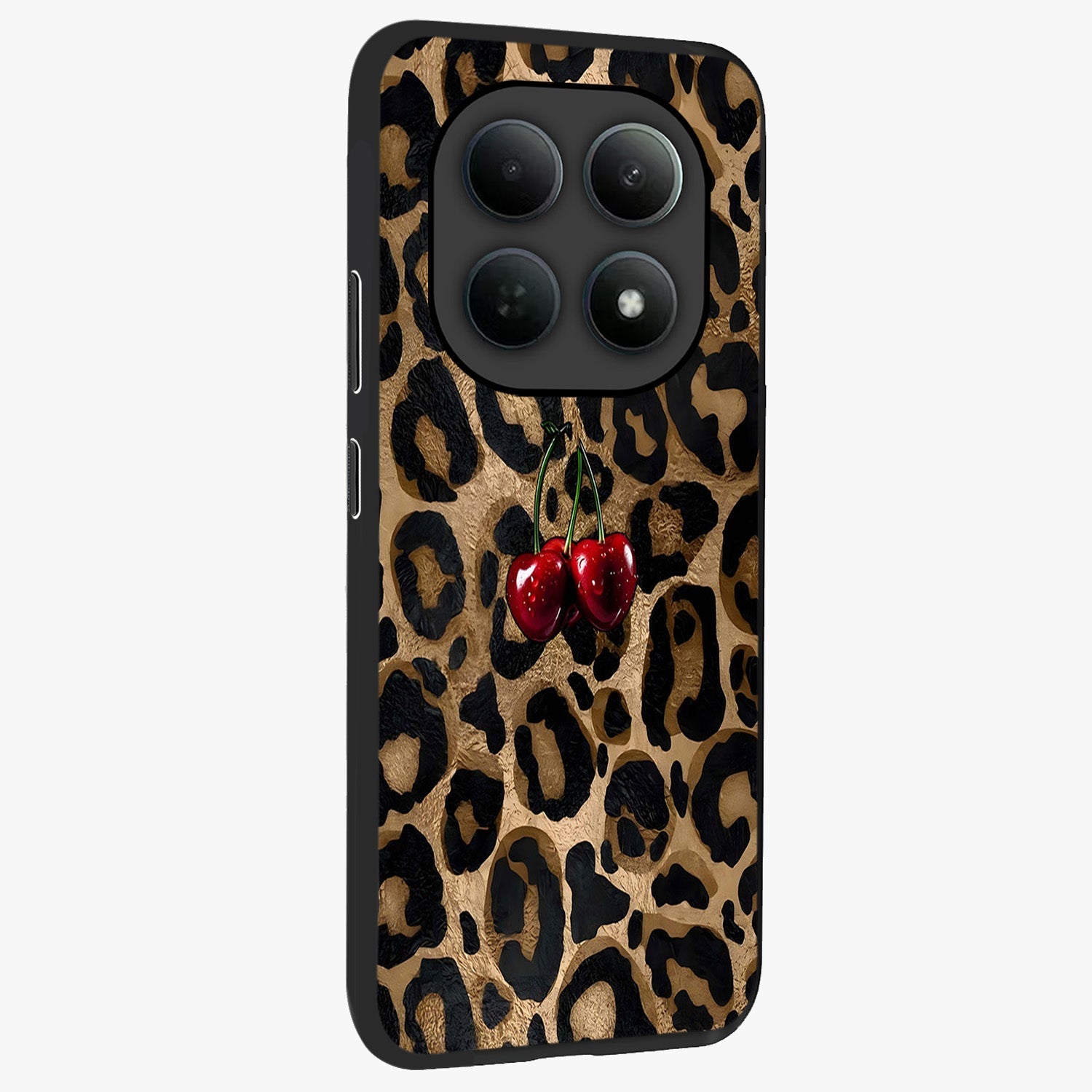 Leopard Wild Cherry Glass Case upright view showcasing stylish leopard pattern artwork with trendy fashion theme.