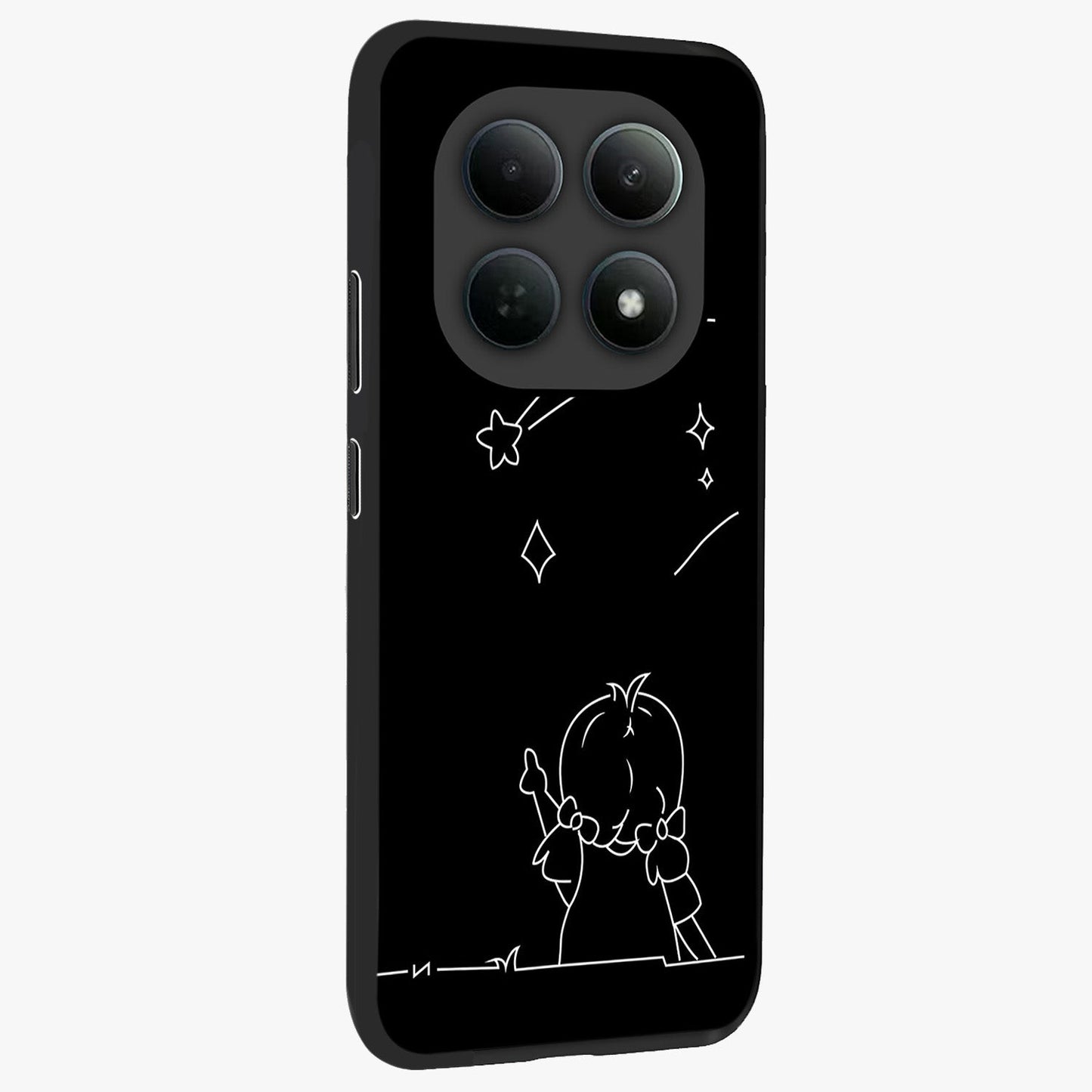 Line Art Girl With Shooting Stars Glass Case upright view showcasing delicate shooting stars artwork with minimal artistic theme.