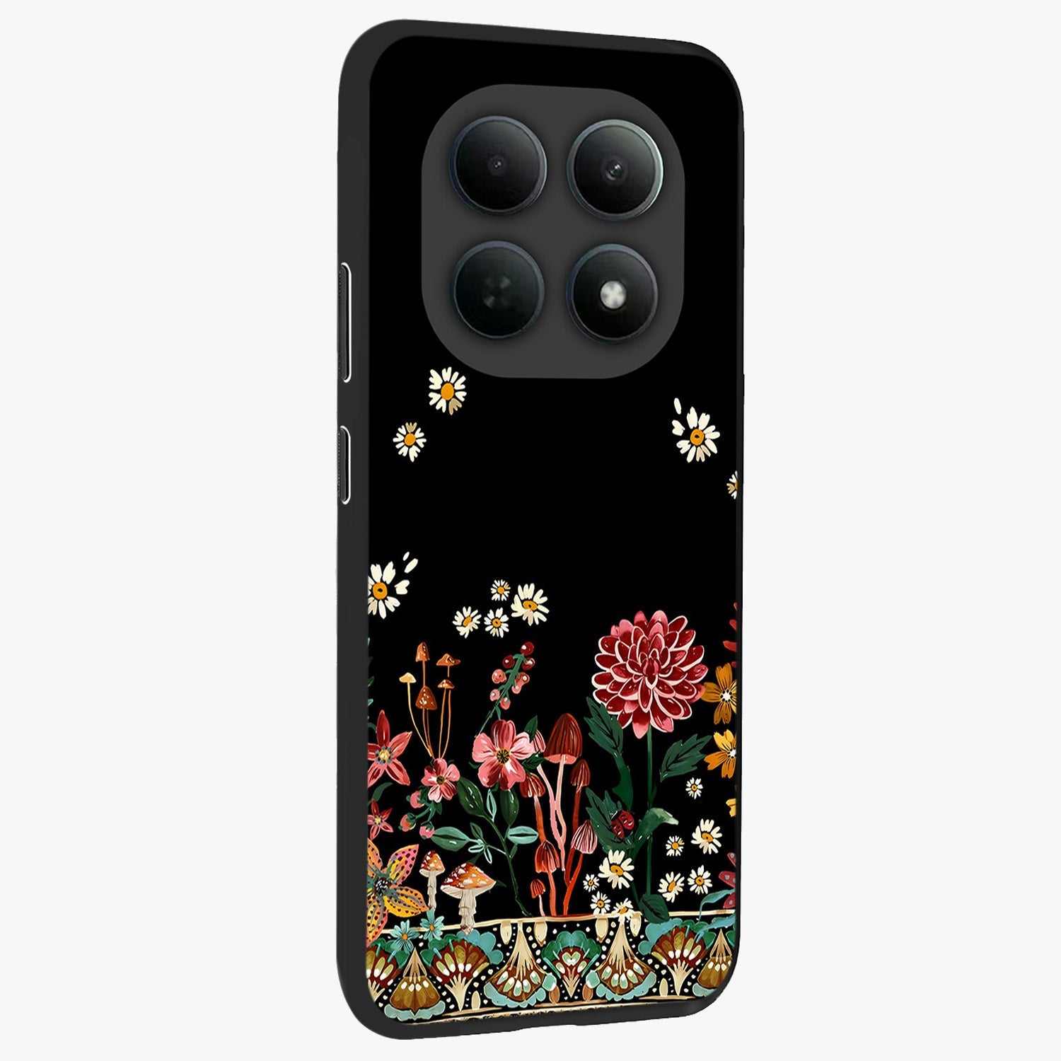 Midnight Bloom Pattern Glass Case upright view showcasing decorative floral artwork with deep night themed palette.