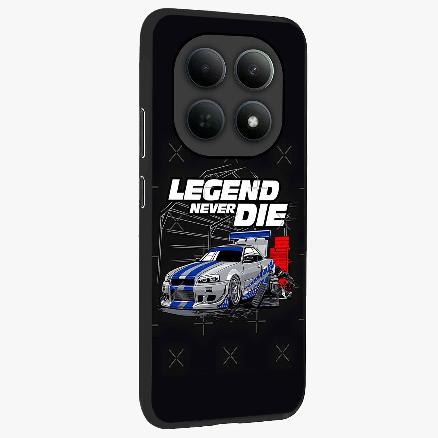 Midnight Racing Legacy Glass Case upright view showcasing powerful racing artwork with modern sports theme.