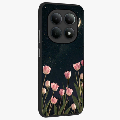 Midnight Tulip Whispers Vibe Glass Case upright view showcasing graceful tulip artwork with calm botanical theme.