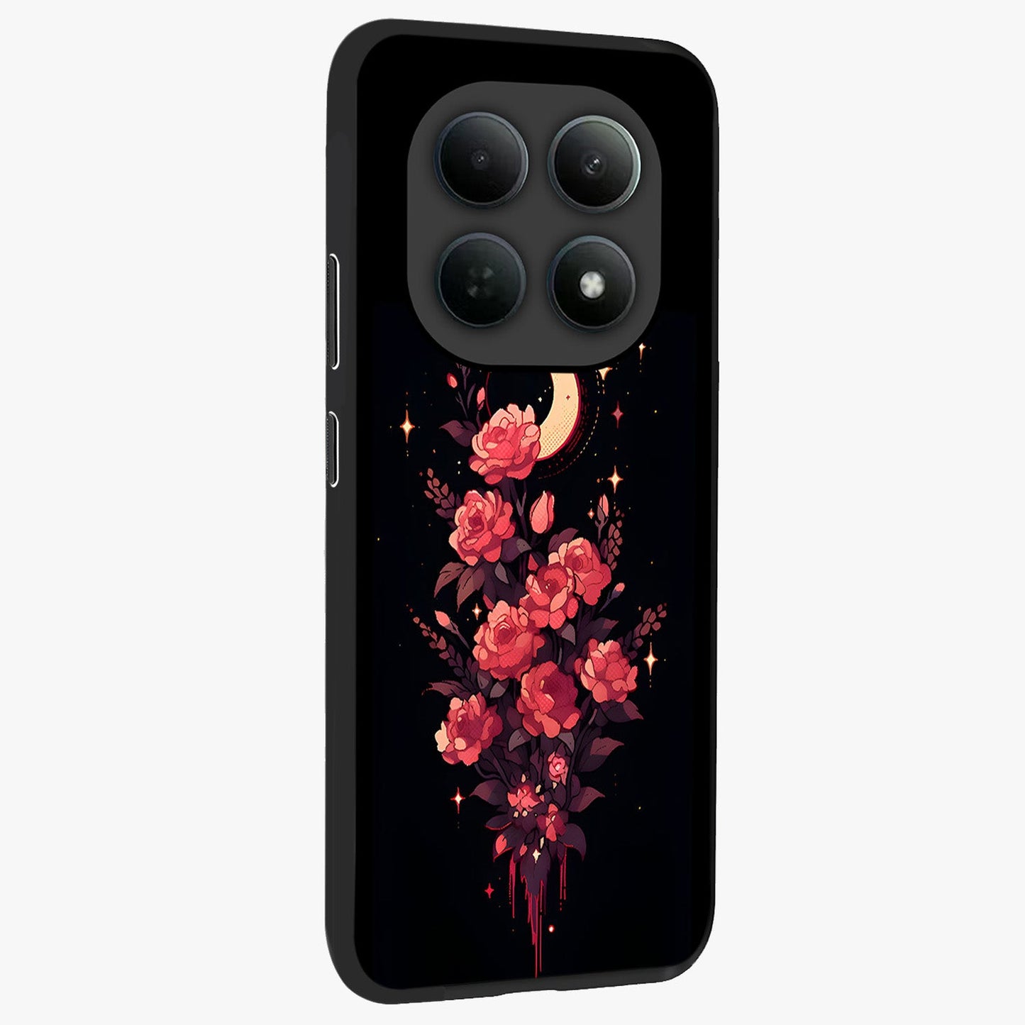 Moonlit Floral Elegance Glass Case upright view showcasing delicate floral artwork with refined night inspired theme.