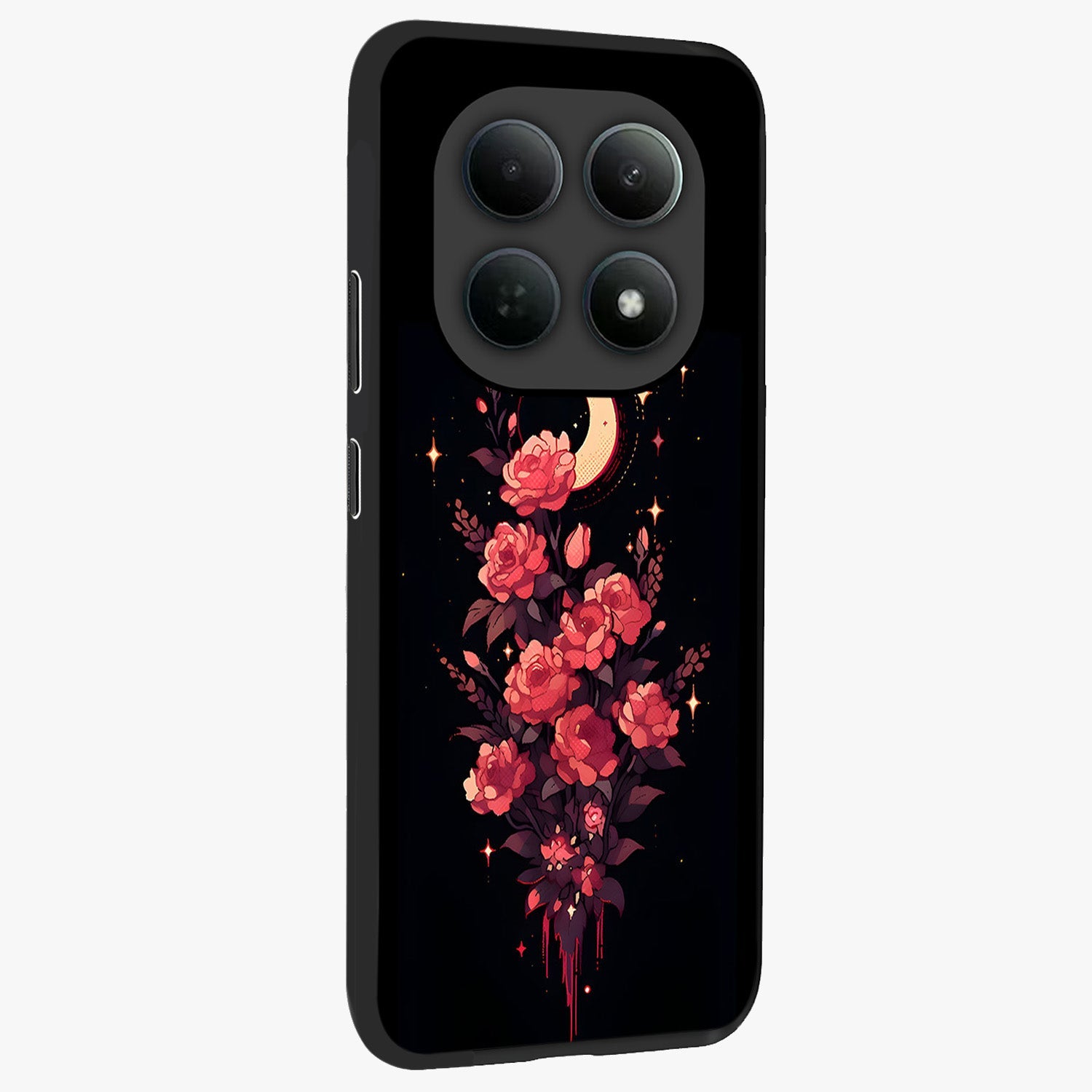 Moonlit Floral Elegance Glass Case upright view showcasing delicate floral artwork with refined night inspired theme.
