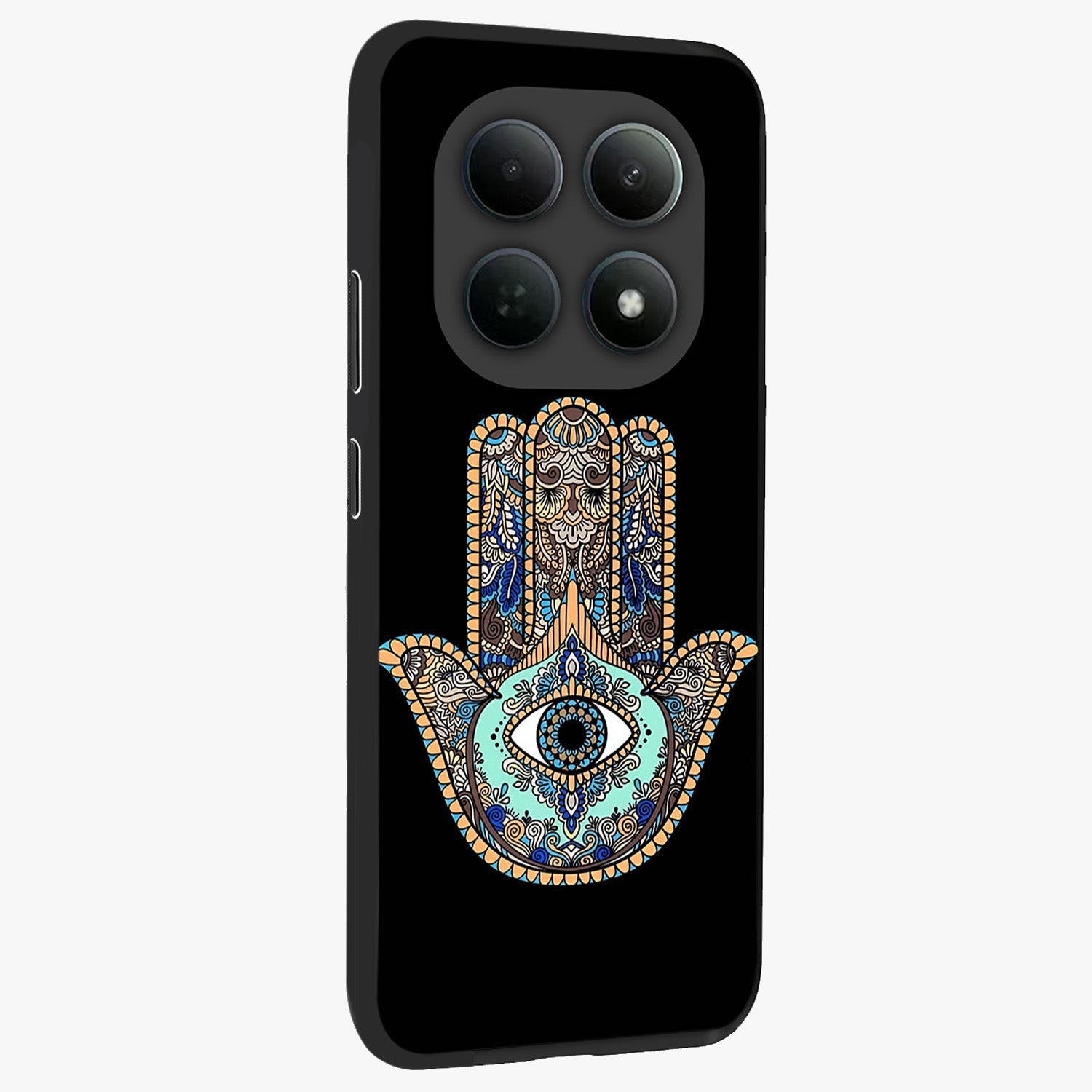 Mystic Hamsa Eye Glass Case upright view showcasing detailed hamsa eye artwork with protective spiritual theme.