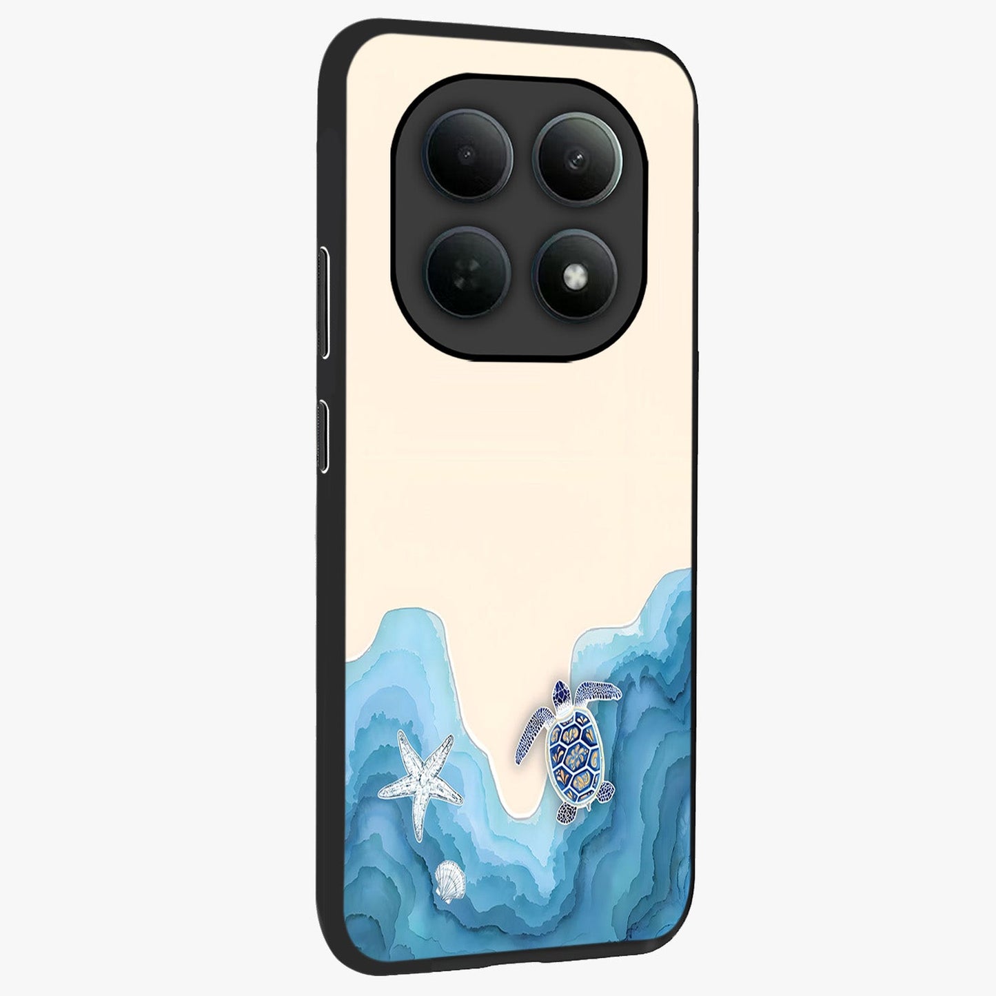 Ocean Drift Turtle Glass Case upright view showcasing calm underwater turtle artwork with nature inspired theme.