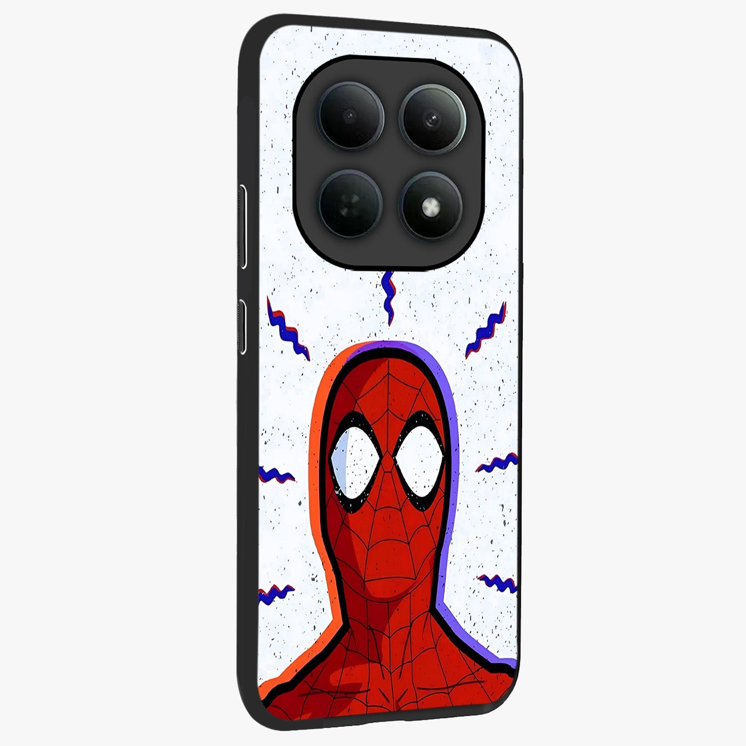 Omg Spiderman Glass Case upright view showcasing energetic superhero artwork with vibrant comic theme.