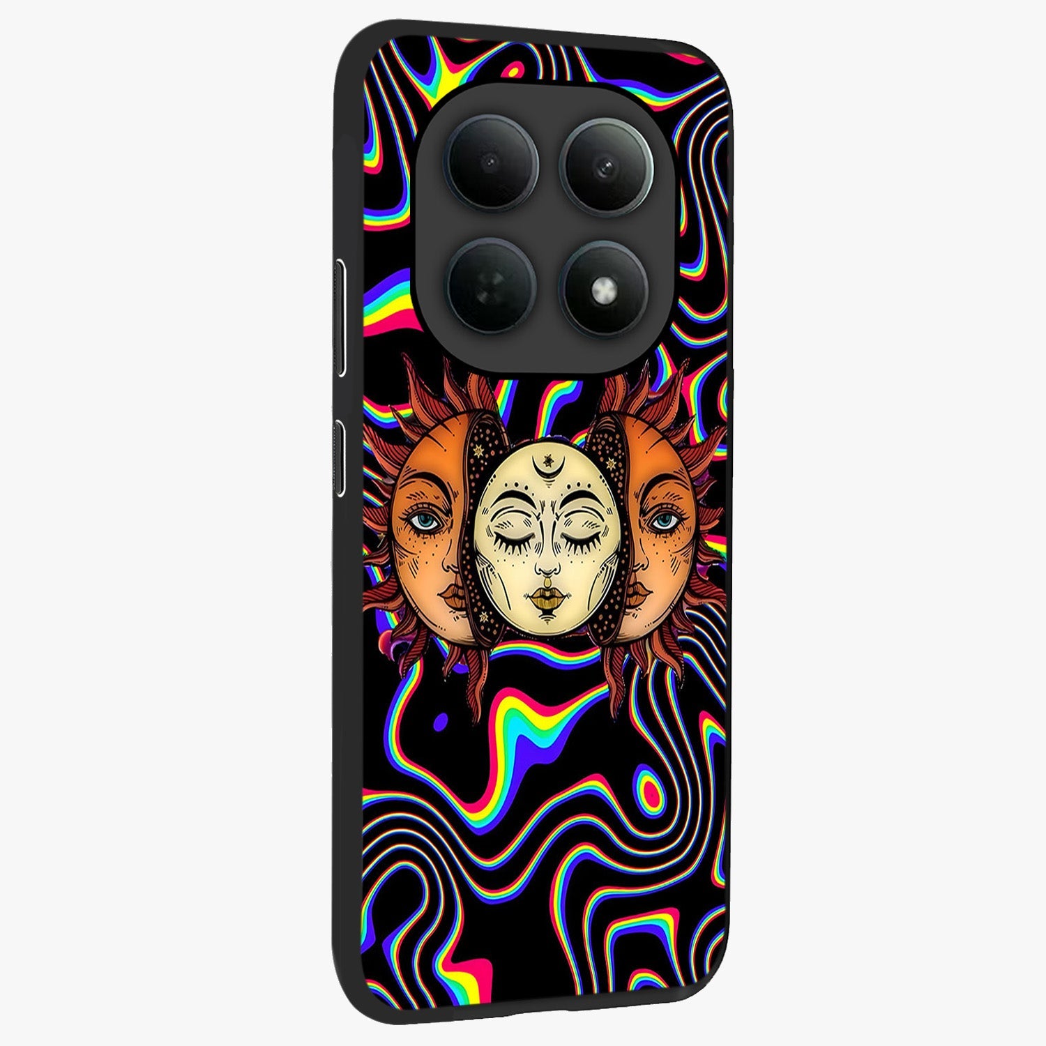 Psychedelic Sun Glass Case upright view showcasing trippy sun artwork with bold psychedelic theme.