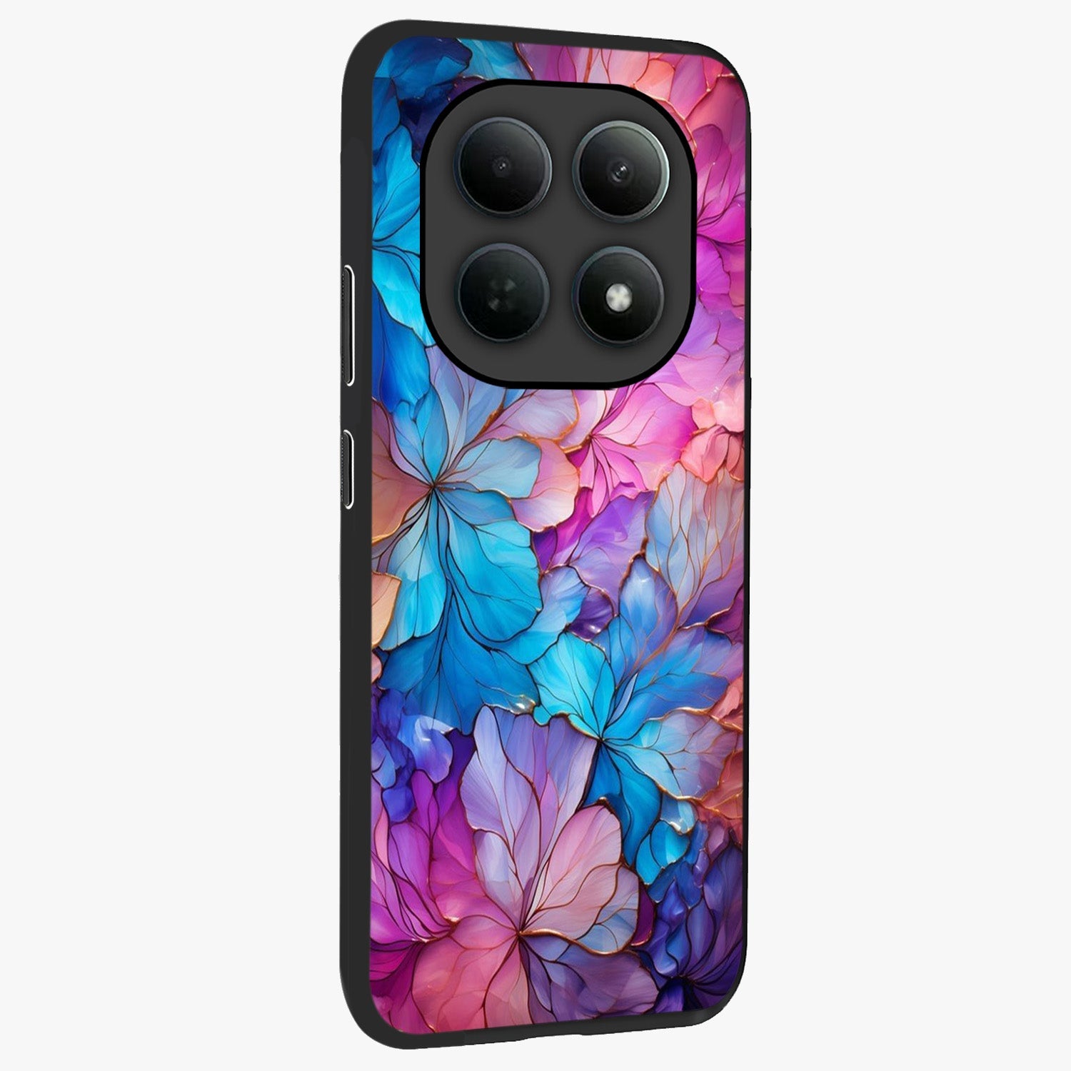 Radiant Floral Whirl Glass Case upright view showcasing lively floral artwork with decorative swirl theme.