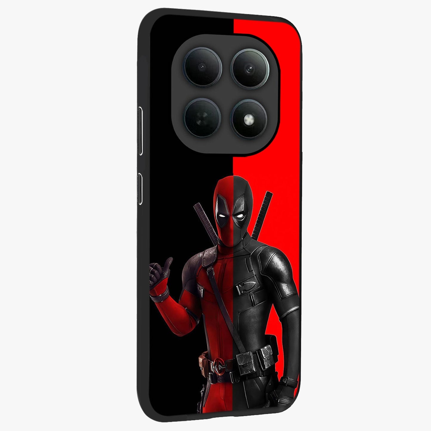 Red & Black Deadpool Theme Glass Case upright view showcasing energetic comic themed artwork with striking red and black design.