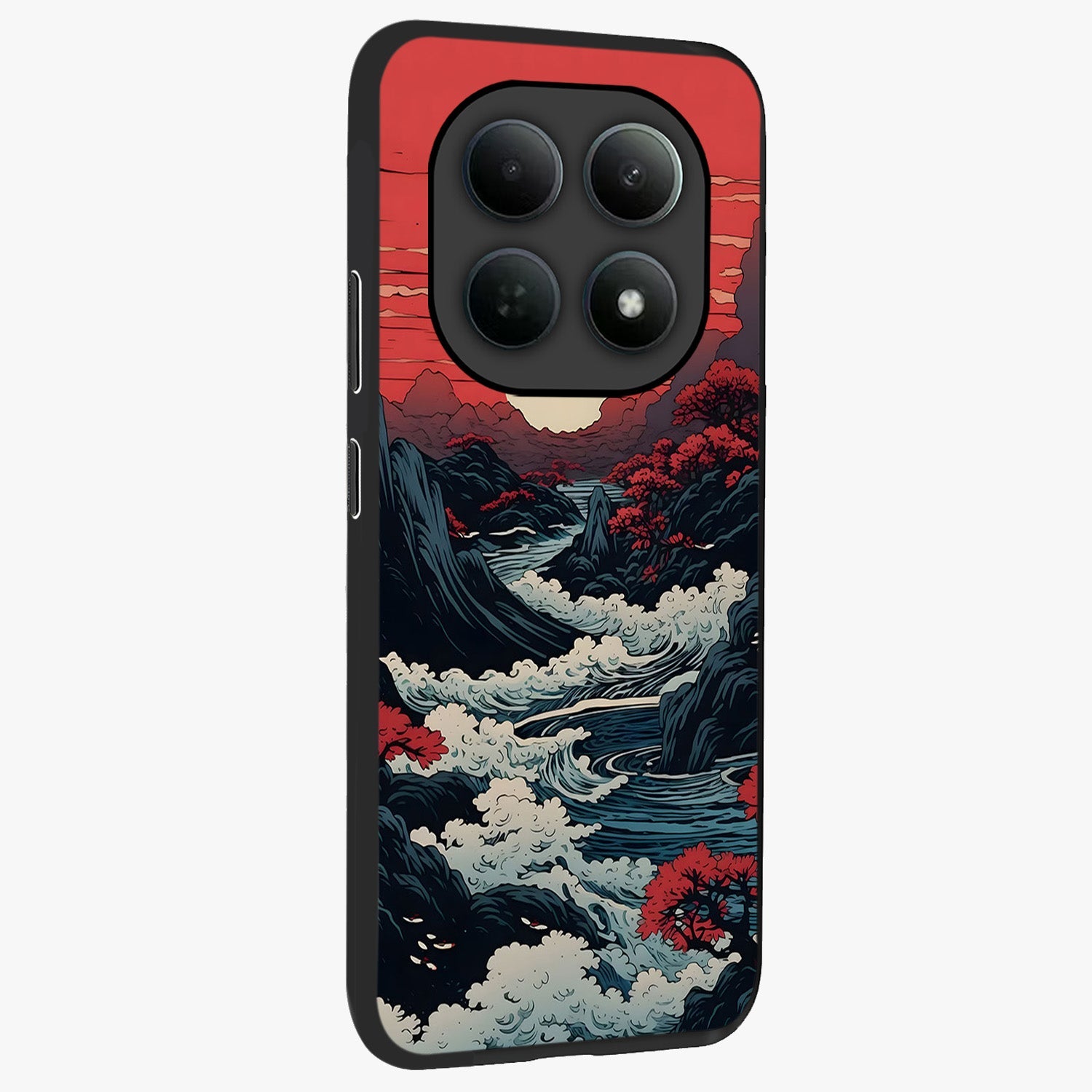 Red Sunset Scenery Glass Case upright view showcasing dramatic sunset scenery artwork with warm nature theme.