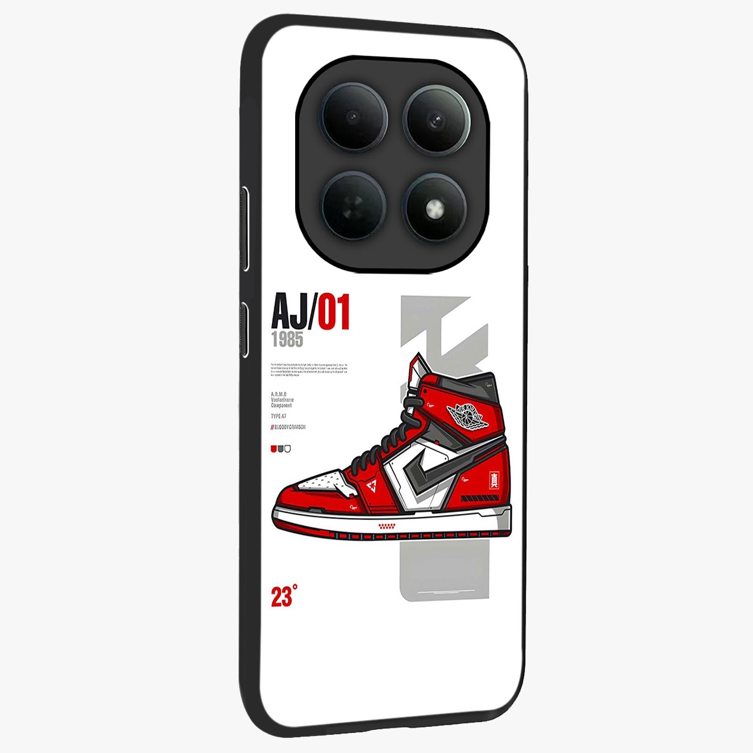 Retro Sneaker Blueprint Glass Case upright view showcasing stylish sneaker illustration with vintage streetwear theme.