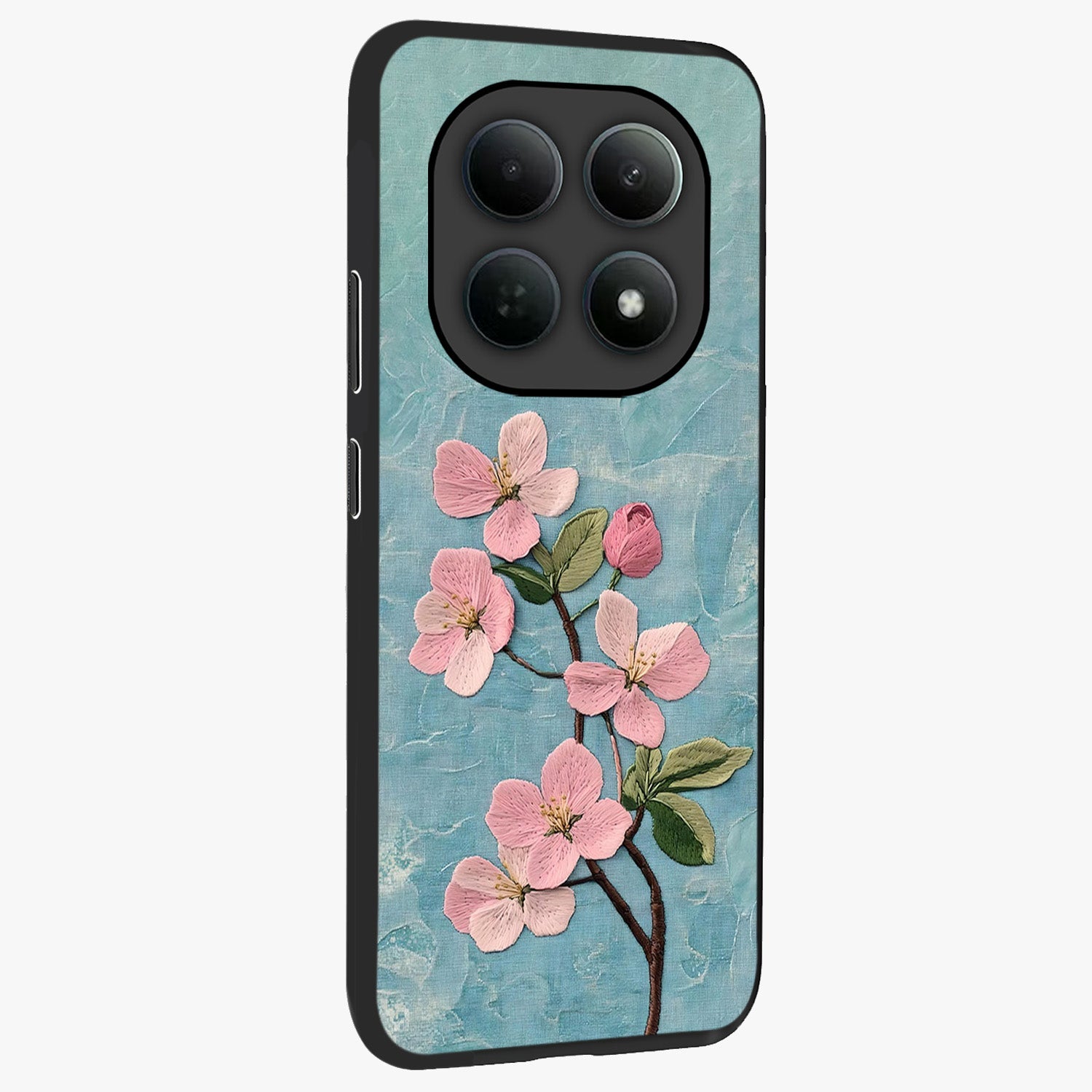 Threaded Blossom Breeze Glass Case upright view showcasing graceful flower artwork with calm botanical theme.