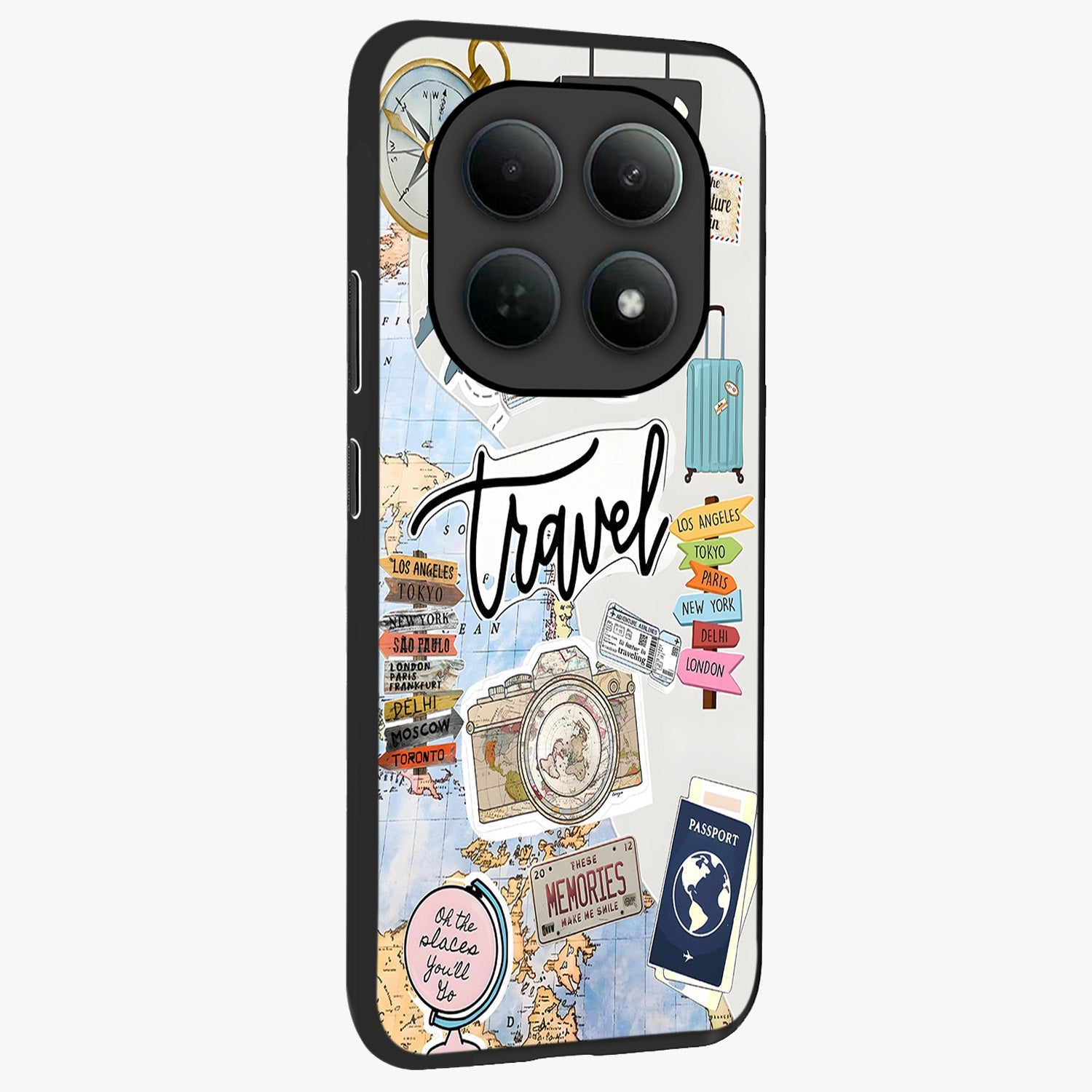 Wanderlust Journal Glass Case upright view showcasing wanderlust inspired artwork with creative exploration theme.