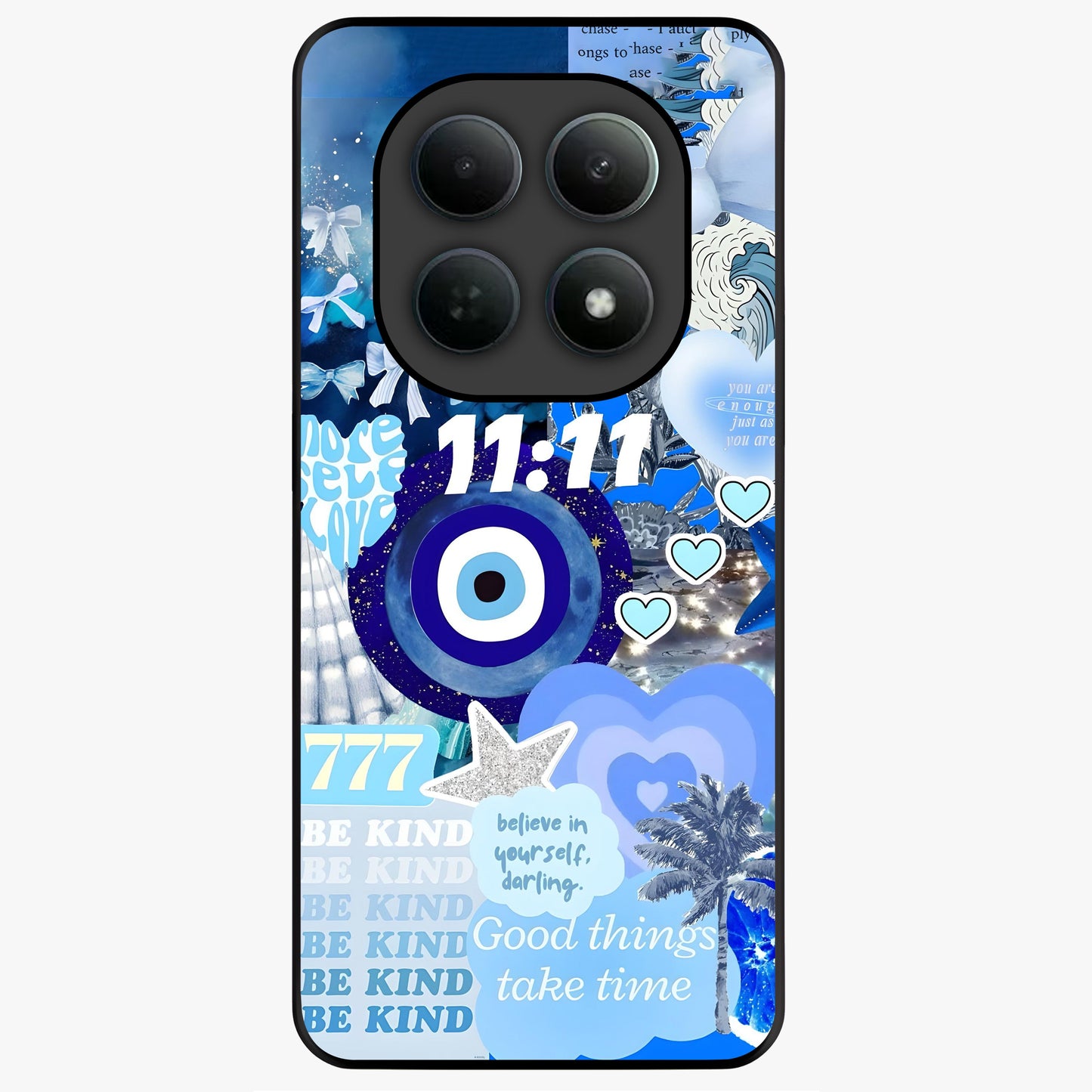 Aesthetic Be Kind Eye Glass Case showing flat back view with motivational eye artwork and glossy glass finish.