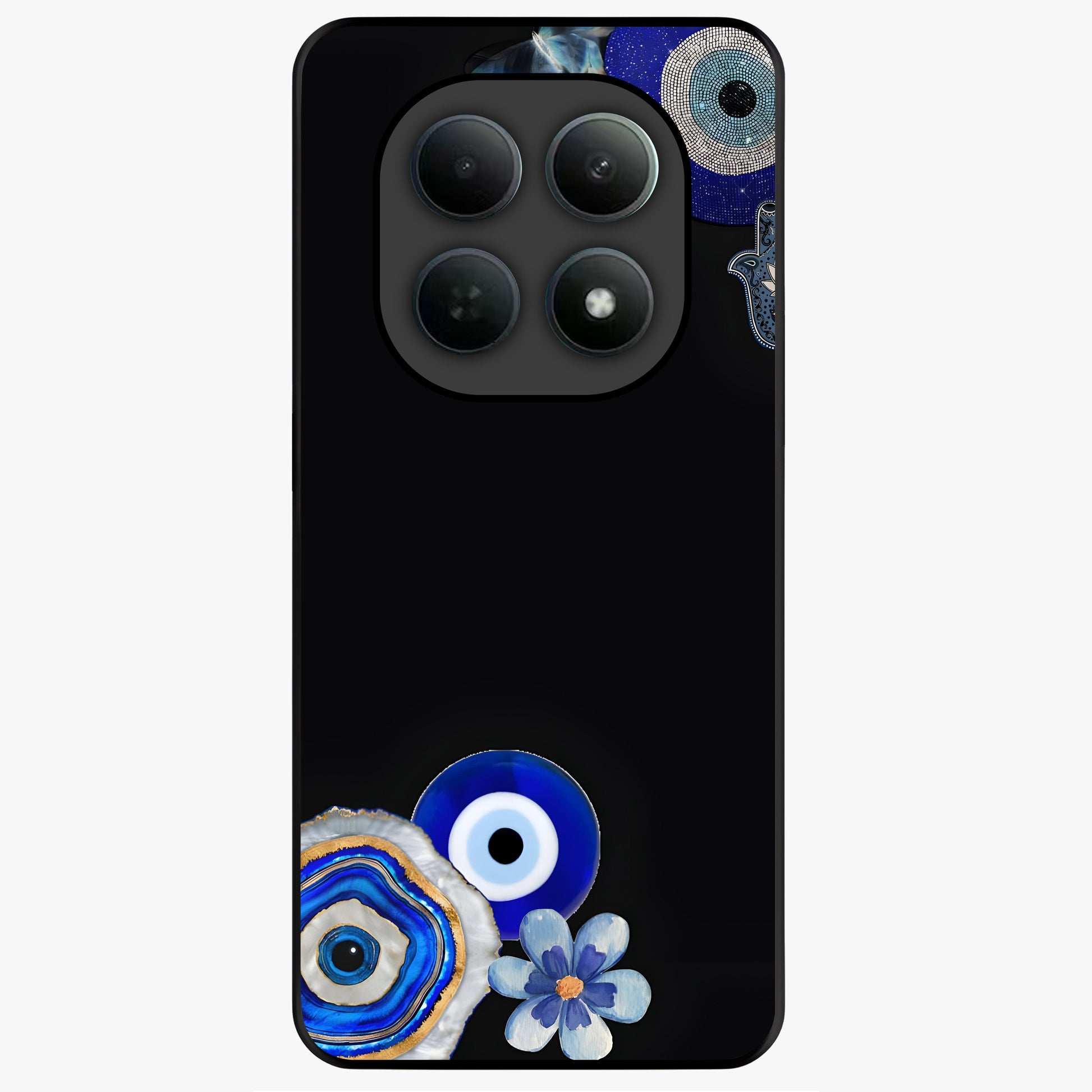 Aesthetic Blue Evil Eye Glass Case showing flat back view with protective evil eye artwork and glossy glass finish.