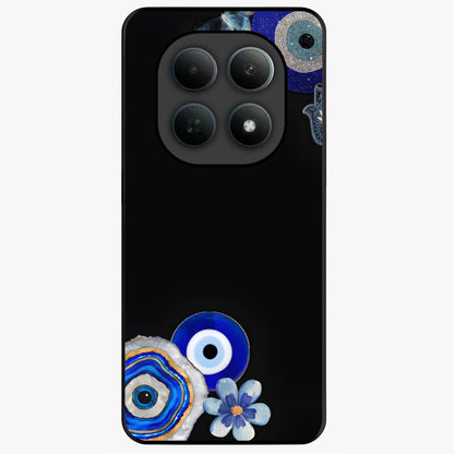 Aesthetic Blue Evil Eye Glass Case showing flat back view with protective evil eye artwork and glossy glass finish.