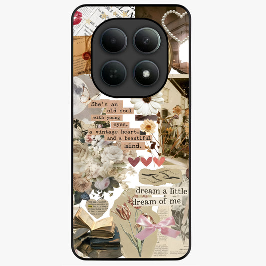Aesthetic Brown Vintage Collage Glass Case showing flat back view with retro collage artwork and glossy glass finish.