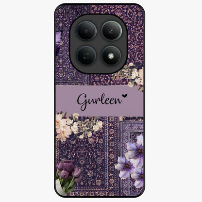 Antique Floral Whisper Custom Name Glass Case showing flat back view with vintage floral artwork and personalized name design.