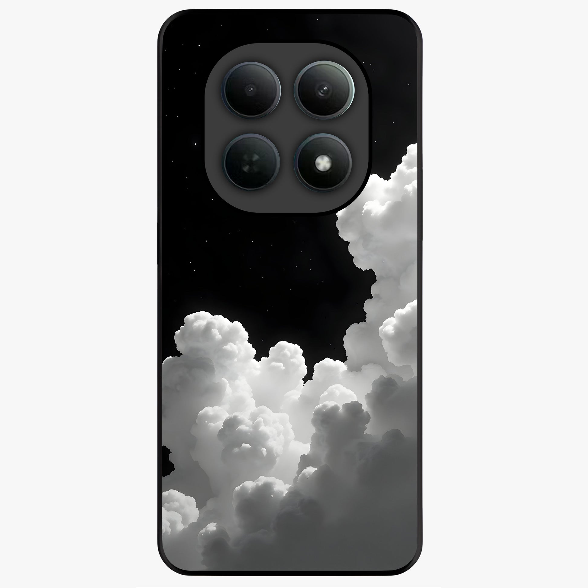 Black Background With White Cloud Glass Case showing flat back view with minimal cloud artwork on dark background and glossy glass finish.
