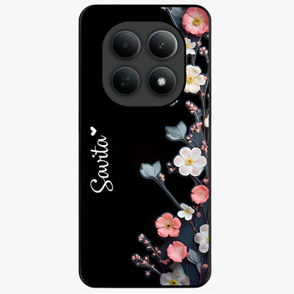 Black Elegance Floral Custom Name Glass Case showing flat back view with elegant floral artwork and personalized name design.