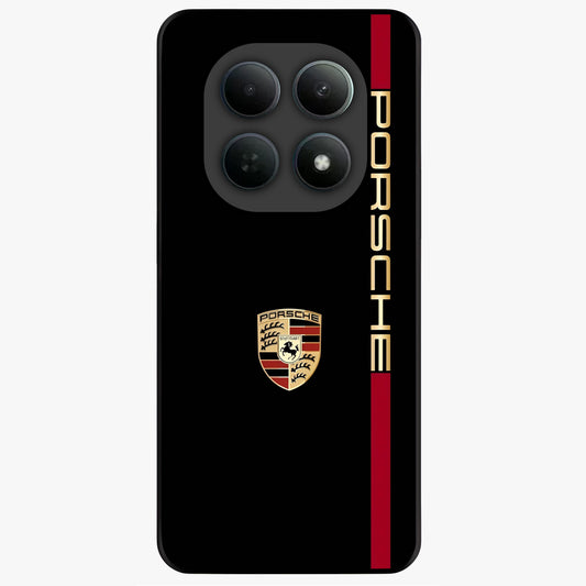 Black Minimal Porsche Glass Case showing flat back view with sleek minimal sports car artwork and glossy glass finish.