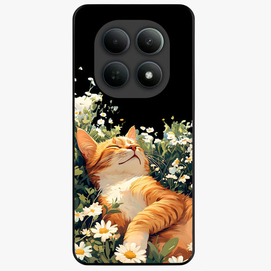 Blissful Bloom Cat Glass Case showing flat back view with cute cat and floral bloom artwork and glossy glass finish.