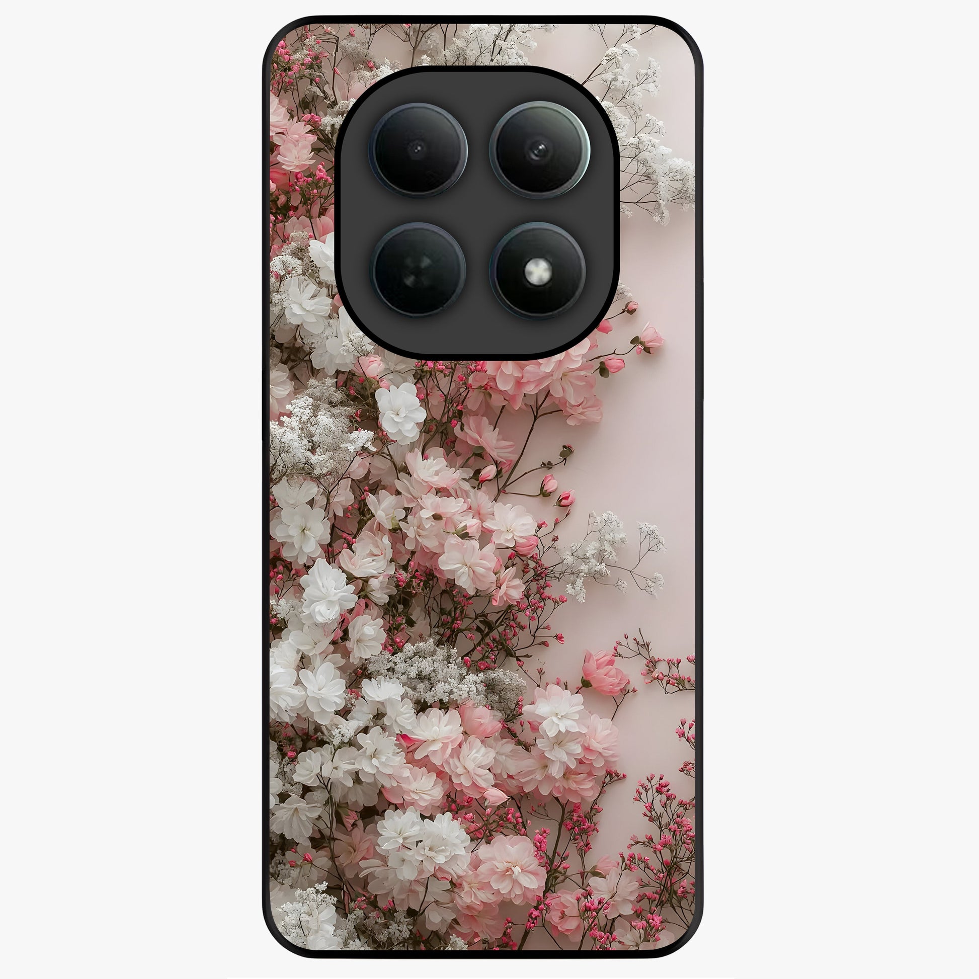 Blush Blossom Cloud Glass Case showing flat back view with dreamy blush cloud blossom artwork and glossy glass finish.