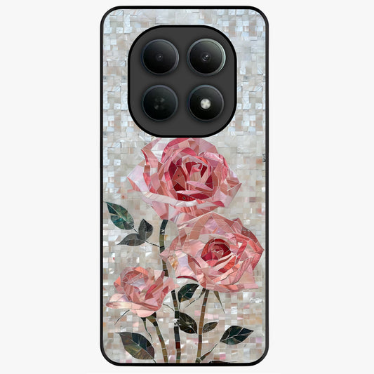 Blush Mosaic Bloom Glass Case showing flat back view with mosaic floral bloom artwork and glossy glass finish.