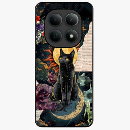 Celestial Black Cat Glass Case showing flat back view with mystical black cat artwork and glossy glass finish.