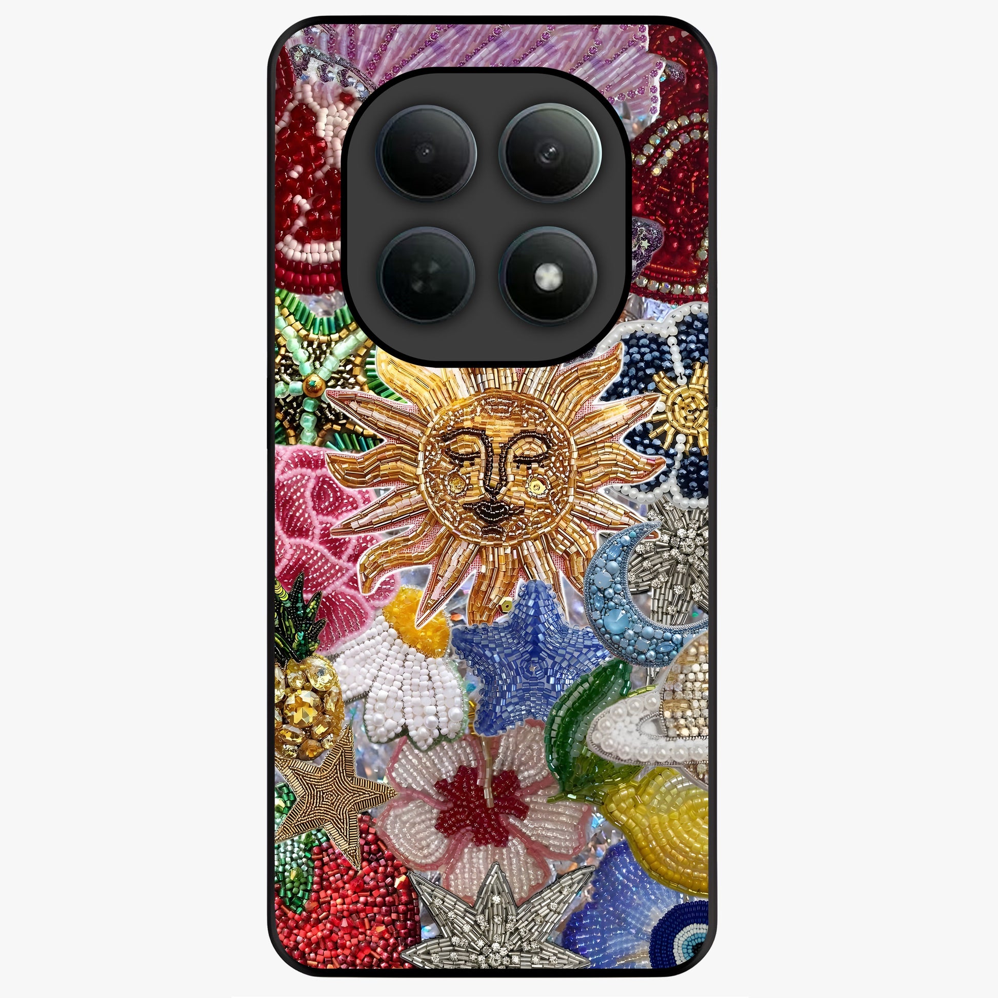 Celestial Floral and Playful Glass Case showing flat back view with floral and celestial themed artwork and glossy glass finish.