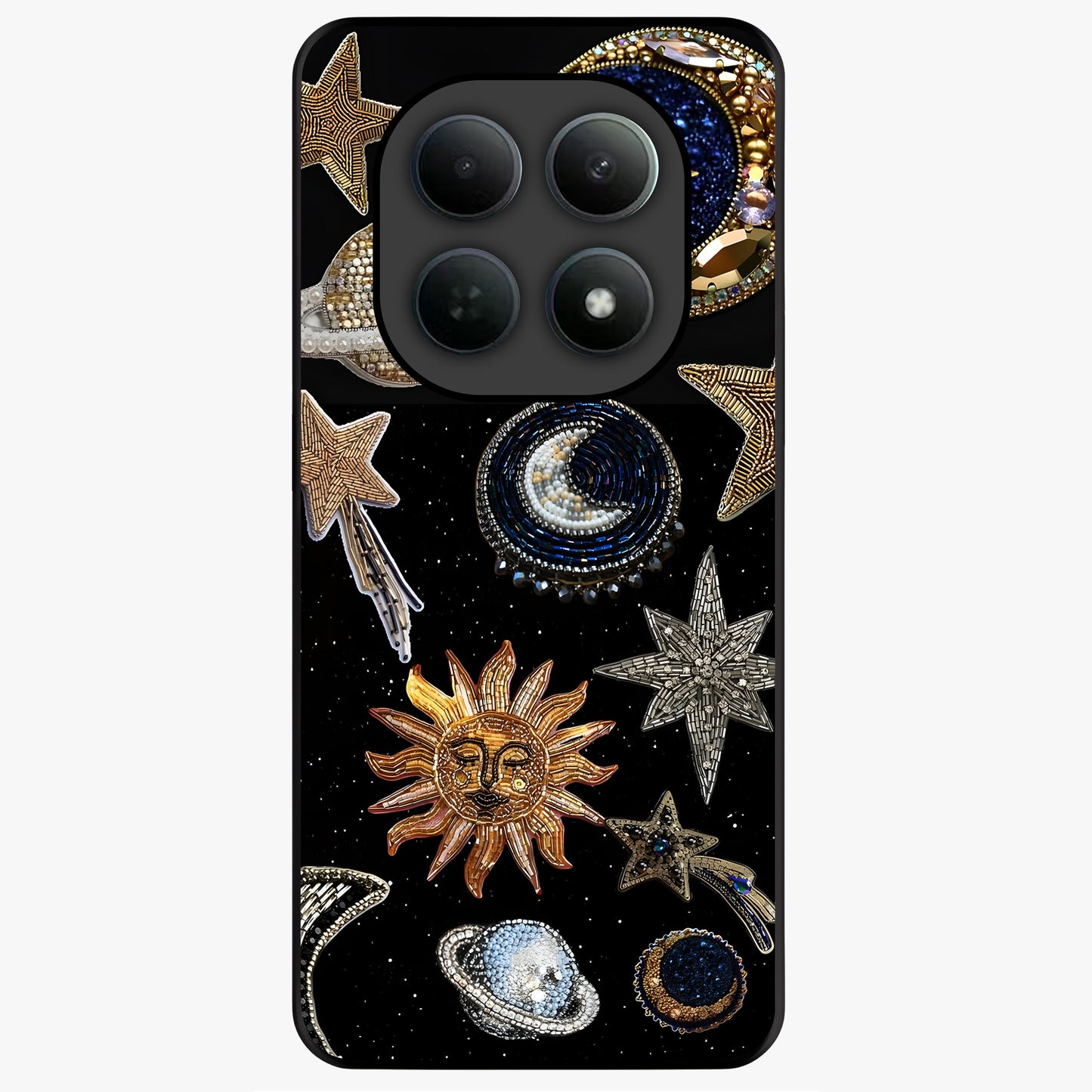 Celestial Gem Constellations Glass Case showing flat back view with sparkling constellation artwork and glossy glass finish.