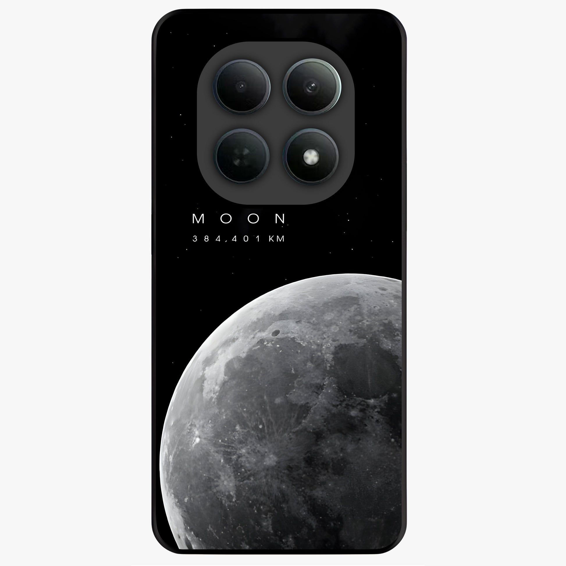 Cosmic Moon Glow Glass Case showing flat back view with glowing moon artwork and glossy glass finish.