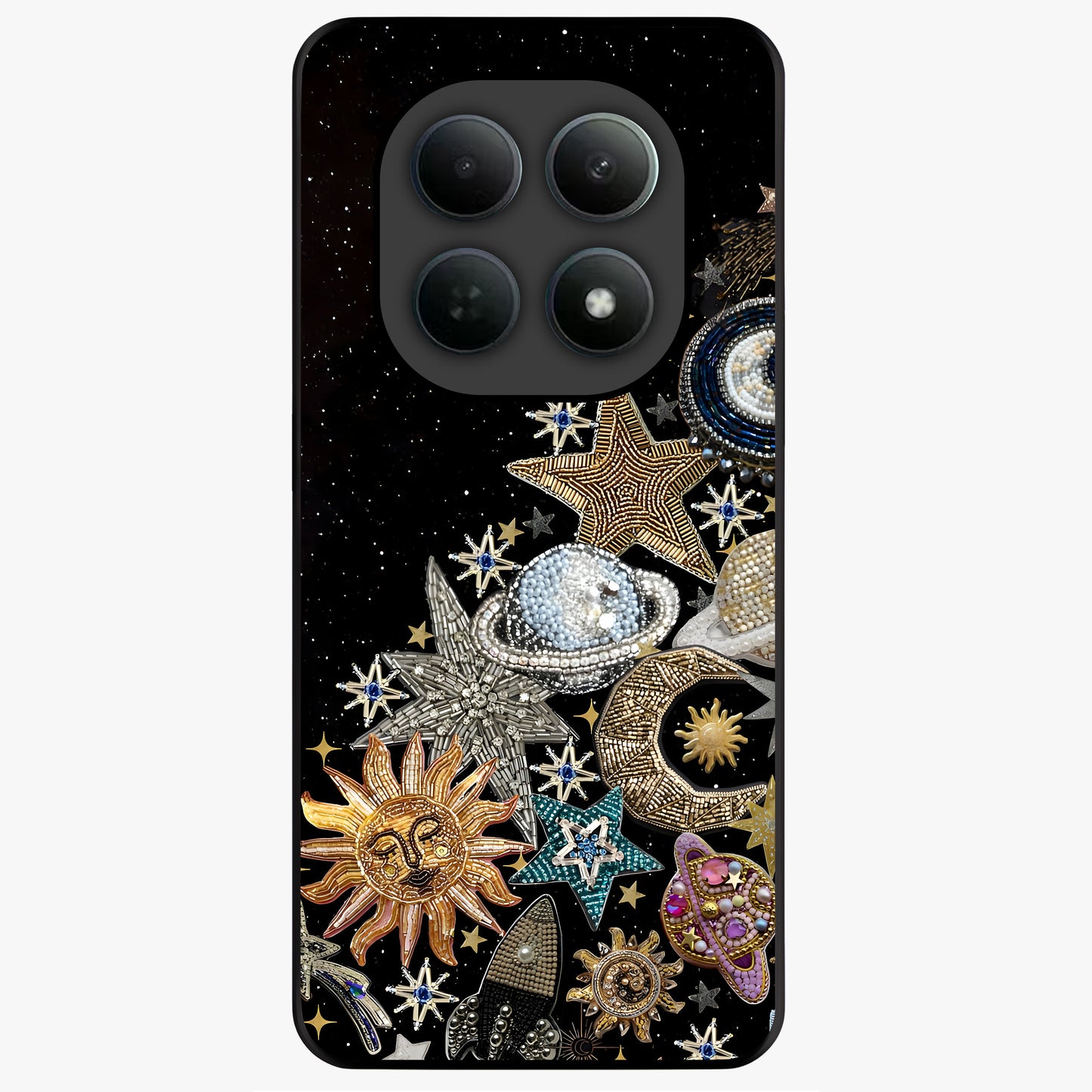 Cosmic Sparkle Dreams Glass Case showing flat back view with sparkling cosmic artwork and glossy glass finish.