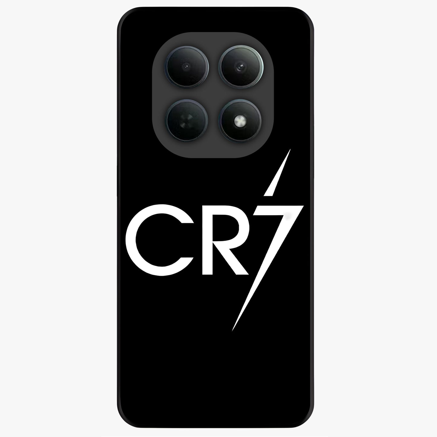 Cr7 Elite Strike Glass Case showing flat back view with dynamic football inspired artwork and glossy glass finish.