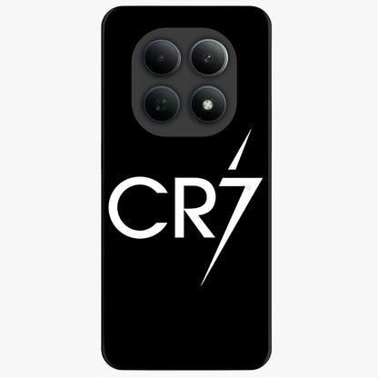 Cr7 Elite Strike Glass Case showing flat back view with dynamic football inspired artwork and glossy glass finish.