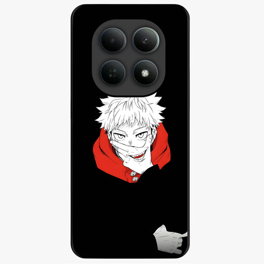 Crimson Chaos Smile Glass Case showing flat back view with bold chaotic smile artwork and glossy glass finish.