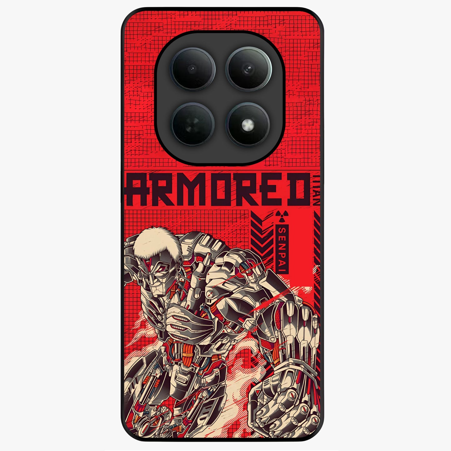 Crimson Mecha Titan Glass Case showing flat back view with powerful mech titan artwork and glossy glass finish.
