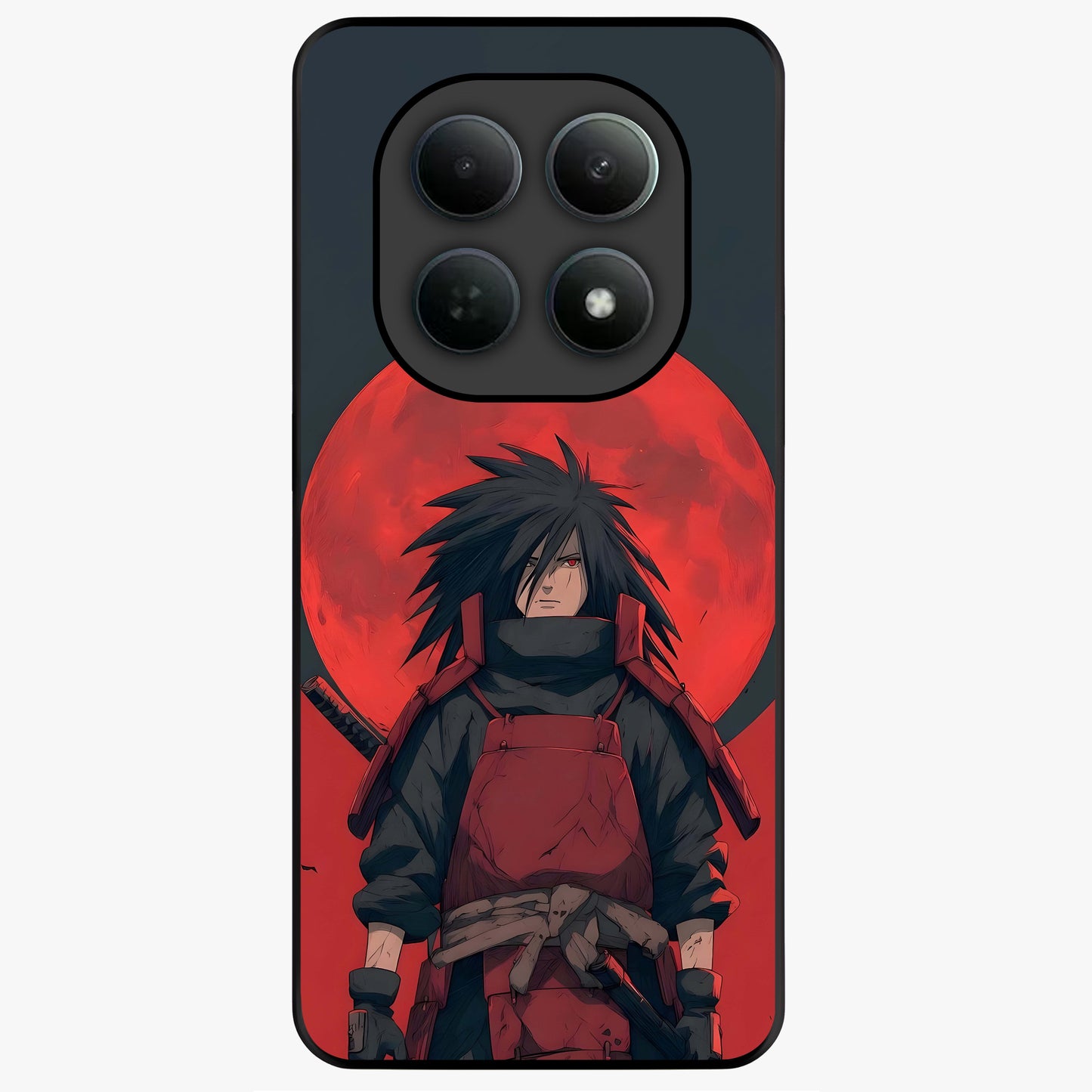 Crimson Moon Warlord Glass Case showing flat back view with mystical moon warrior artwork and glossy glass finish.