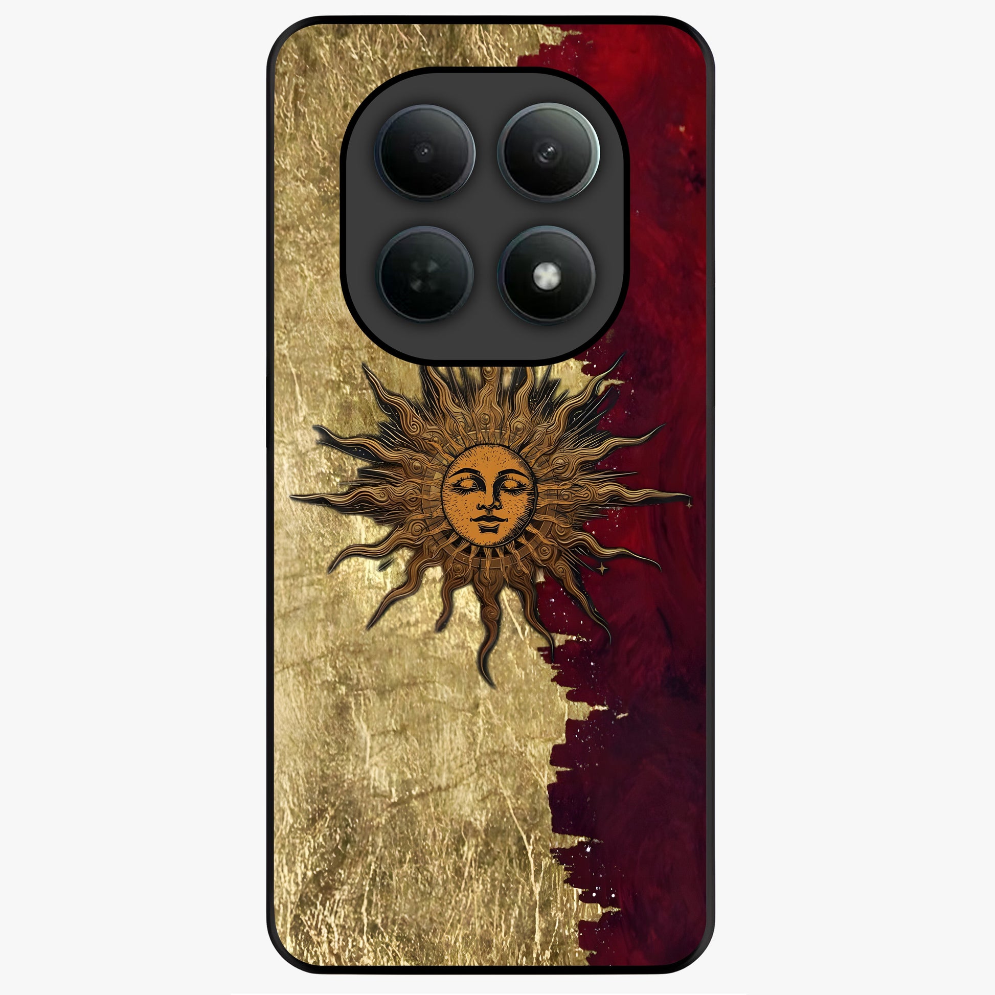 Crimson Sun Majesty Glass Case showing flat back view with radiant sun inspired artwork and glossy glass finish.