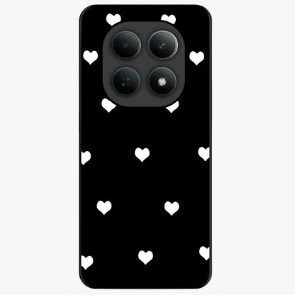 Cute And Simple White Hearts Glass Case showing flat back view with minimal white heart pattern and glossy glass finish.