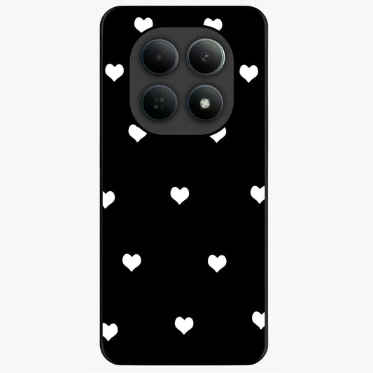 Cute And Simple White Hearts Glass Case showing flat back view with minimal white heart pattern and glossy glass finish.