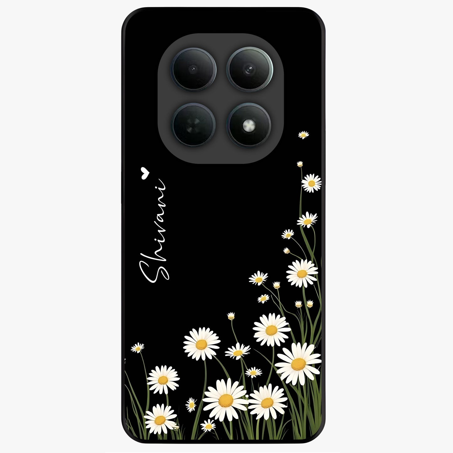 Daisy Cascade Custom Name Glass Case showing flat back view with cascading daisy flowers and personalized name design.